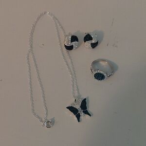Avon Silver and Dark Blue Butterfly Necklace Set